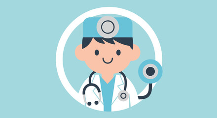 Naklejka premium A charming cartoon illustration of a doctor with a stethoscope and head mirror, representing healthcare and medical professionals