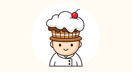 Chef Cartoon Illustration with a Cupcake Hat and Friendly Smile