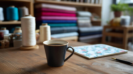 Wooden table in a textile studio cluttered with a tufting gun colorful yarn skeins a sketchbook with floral doodles and a steaming mug textile workshop setup creative