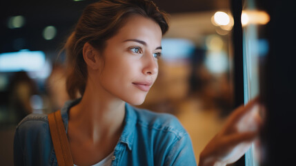 Caucasian woman tapping a smart home panel in a kitchen shoulder bag slung over her arm touchscreen glowing brightly smart home control kitchen technology digital interface
