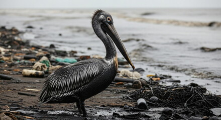Pelican. A bird covered in oil on a polluted beach with an oil slick. Environmental disaster due to oil spill and ocean contamination footage.