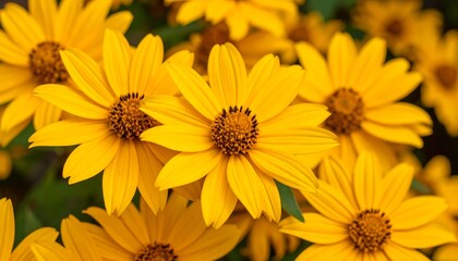 Vibrant closeup of golden yellow flowers with dark centers, nestled amongst blurred green foliage