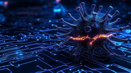 Digital Virus on Circuit Board Dark Blue Illuminated Microorganism