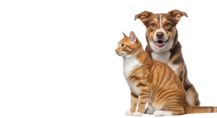 Friendly brown and white mixed-breed dog and ginger tabby cat on a seamless transparent studio background with copy space, heartwarming animal companionship