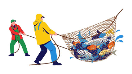 Catch of the Day: Two figures, unified in their effort, pull a fishing net laden with a vibrant assortment of aquatic life, symbolizing abundance and the rewards of hard work. © Abu