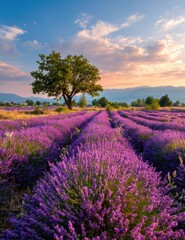 Obraz premium Lavender field at sunset, tree in center