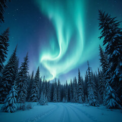 Aurora borealis above frosted pine forest