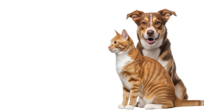 Friendly brown and white mixed-breed dog and ginger tabby cat on a seamless transparent studio background with copy space, heartwarming animal companionship