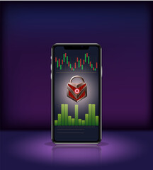 Smartphone screen showing cryptocurrency trading charts with a digital padlock symbol, representing secure mobile trading, blockchain security, and financial data protection.