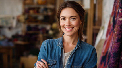 Caucasian woman with tattoos holding a bold abstract rug smiling in a workshop filled with yarn and tools finished rug display textile artistry creative workshop smiling craft