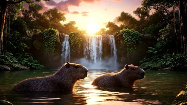 Two capybaras swimming in a river backlit by a waterfall at sunset surrounded by lush jungle foliage