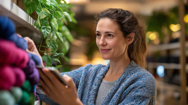 Caucasian woman picking a vibrant yarn skein from a shelf tablet in hand surrounded by plants and colorful textiles yarn selection textile workshop creative crafting artistic