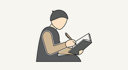 Illustration of a person wearing a cap and writing in a notebook