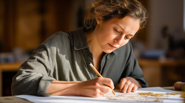 Caucasian woman hunched over a canvas sketching a geometric rug pattern yarn scraps scattered around sunlight warming her workshop geometric rug design textile sketching crea