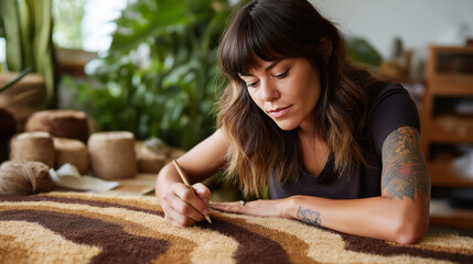 Caucasian woman sketching a swirling carpet design her tattoos vibrant surrounded by yarn and plants in a cozy studio swirling rug design textile sketching creative workshop