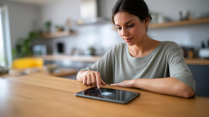 Tablet showing a lock icon on a kitchen counter a woman organizing nearby her home modern and sunlit smart home security digital lock interface modern kitchen home automation