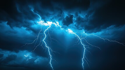 Dramatic Thunderstorm with Lightning Strikes in Dark Blue Sky 