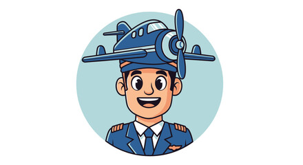 Smiling cartoon pilot in uniform, playfully adorned with a small airplane as a hat, embodying the spirit of aviation and dreams of flying