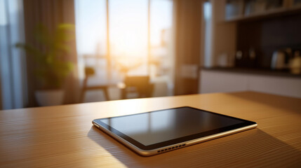 Tablet glowing with a lock screen on a kitchen counter sunlight pouring through a window cozy living room in view smart home security digital lock screen modern interior home