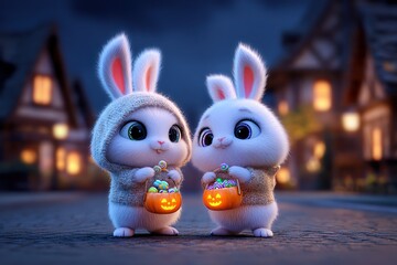 Two Adorable Rabbits in Cozy Costumes Holding Halloween Candy Buckets at Night in a Quaint Village