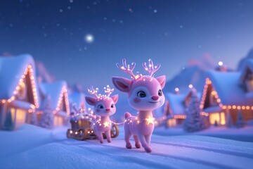 Two Adorable Young Deer Pulling a Sleigh Decorated with Lights in a Snowy Village at Night