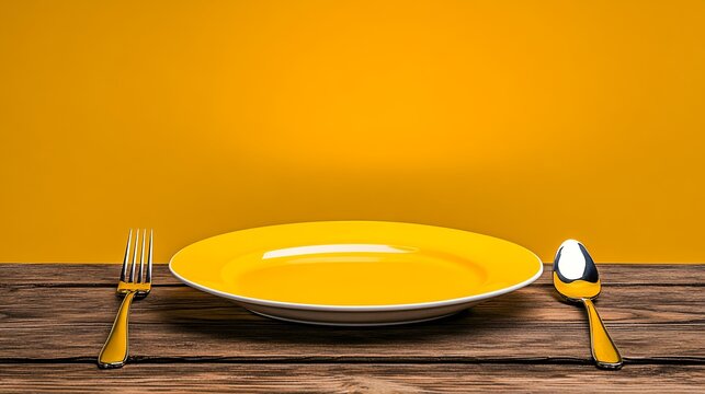 Empty Yellow Plate with Cutlery on Rustic Wooden Table