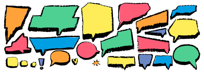 Speech Balloon Crayons. Hand Drawn Bubbles, Heart, Cloud, Splash Textured Elements. Text Frame Box Drawn by Crayon. Chalk Dialog Vector Illustration. Abstract Business Media Concept. Chalkboard Set.