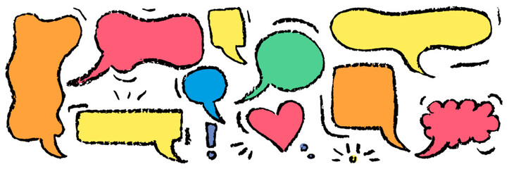 Speech Balloon Crayons. Hand Drawn Bubbles, Heart, Cloud, Splash Textured Elements. Text Frame Box Drawn by Crayon. Chalk Dialog Vector Illustration. Abstract Business Media Concept. Chalkboard Set.