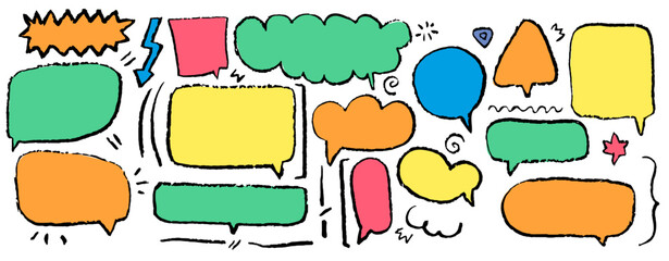 Speech Balloon Crayons. Hand Drawn Bubbles, Heart, Cloud, Splash Textured Elements. Text Frame Box Drawn by Crayon. Chalk Dialog Vector Illustration. Abstract Business Media Concept. Chalkboard Set.