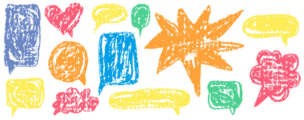 Speech Balloon Crayons. Hand Drawn Bubbles, Heart, Cloud, Splash Textured Elements. Text Frame Box Drawn by Crayon. Chalk Dialog Vector Illustration. Abstract Business Media Concept. Chalkboard Set.