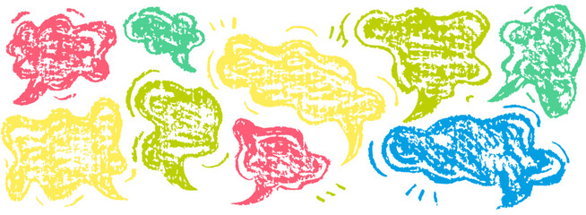 Speech Balloon Crayons. Hand Drawn Bubbles, Heart, Cloud, Splash Textured Elements. Text Frame Box Drawn by Crayon. Chalk Dialog Vector Illustration. Abstract Business Media Concept. Chalkboard Set.