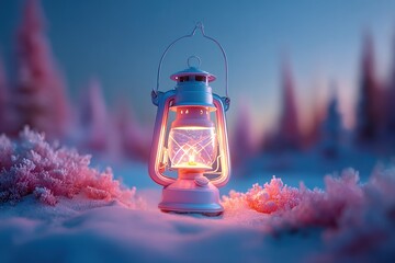 Vintage Lantern Illuminating Snowy Landscape at Dusk with Frosted Trees