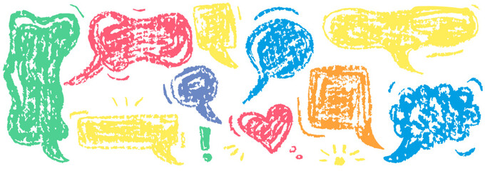 Speech Balloon Crayons. Hand Drawn Bubbles, Heart, Cloud, Splash Textured Elements. Text Frame Box Drawn by Crayon. Chalk Dialog Vector Illustration. Abstract Business Media Concept. Chalkboard Set.