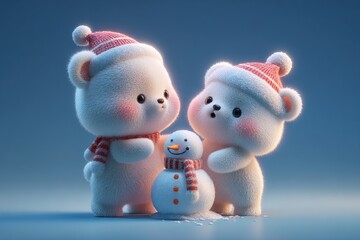 Two White Teddy Bears Wearing Red Hats and Scarves Holding a Snowman Against a Soft Background