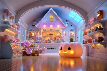 Whimsical Candy Shop Interior with Pink Walls Sunny Skylight and Smiling Pumpkin Decor