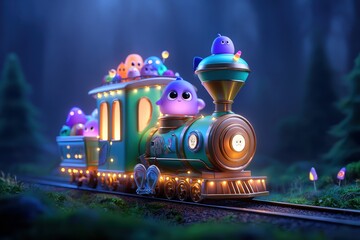 Whimsical Colorful Train Through a Magical Forest at Twilight