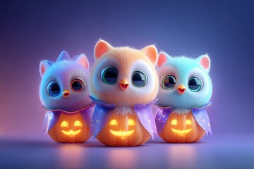 Whimsical Colorful Birds in Pumpkin Halloween Costumes with Glowing Effects