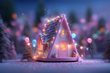 Whimsical Cottage Surrounded by Lush Trees and Sparkling Lights at Dusk