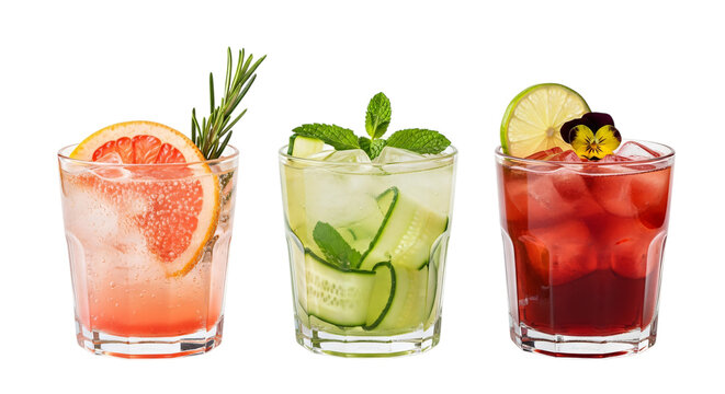 Three refreshing cocktails isolated on transparent background, closeup