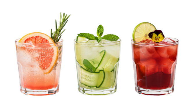 Three refreshing cocktails isolated on transparent background, closeup