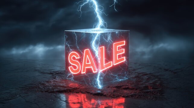 Sale announcement with lightning striking a neon cube