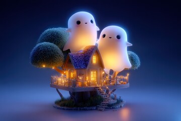 Whimsical Ghosts Embracing Above Enchanted Treehouse With Twinkling Lights