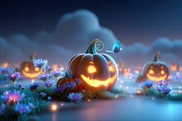 Whimsical Halloween Scene with Carved Pumpkins Flowers and a Butterfly Under Moonlit Sky