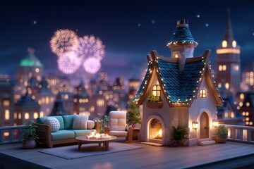 Whimsical Miniature Home with Cozy Rooftop Terrace Surrounded by Sparkling Fireworks at Night