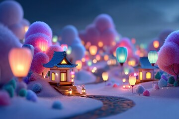 Whimsical Night Landscape with Colorful Lanterns and Snowy Hills
