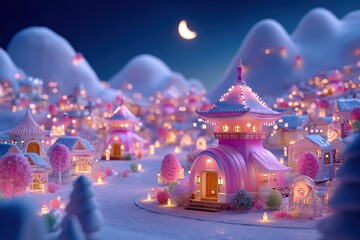 Whimsical Nighttime Village with Colorful Lights and Pink Architecture Surrounded by Soft Mountains