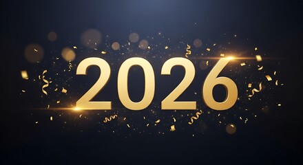 Vibrant Golden 2026 New Year Celebration Display with Sparkling Confetti and Bokeh