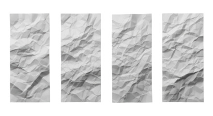 Four vertical panels of transparent crumpled paper with intricate textures, organic folds, sharp creases, subtle indentations, transparent background, soft lighting, abstract design concept