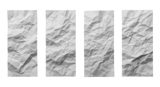 Four vertical panels of transparent crumpled paper with intricate textures, organic folds, sharp creases, subtle indentations, transparent background, soft lighting, abstract design concept