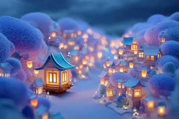 Whimsical Winter Village With Soft Pink Trees And Glowing Lanterns At Dusk